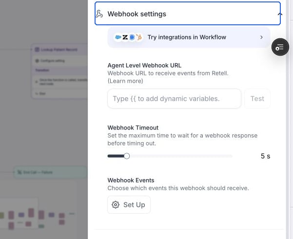 Webhook settings with the agent URL field, Test button, timeout, and event selection. The URL is not yet configured.