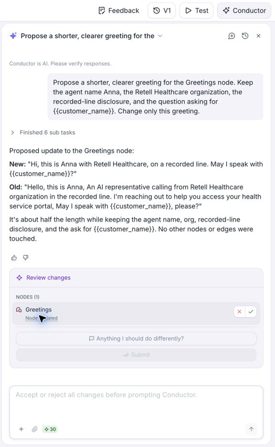 Conductor response proposing a shorter greeting for the template agent, with Review changes controls below the response.