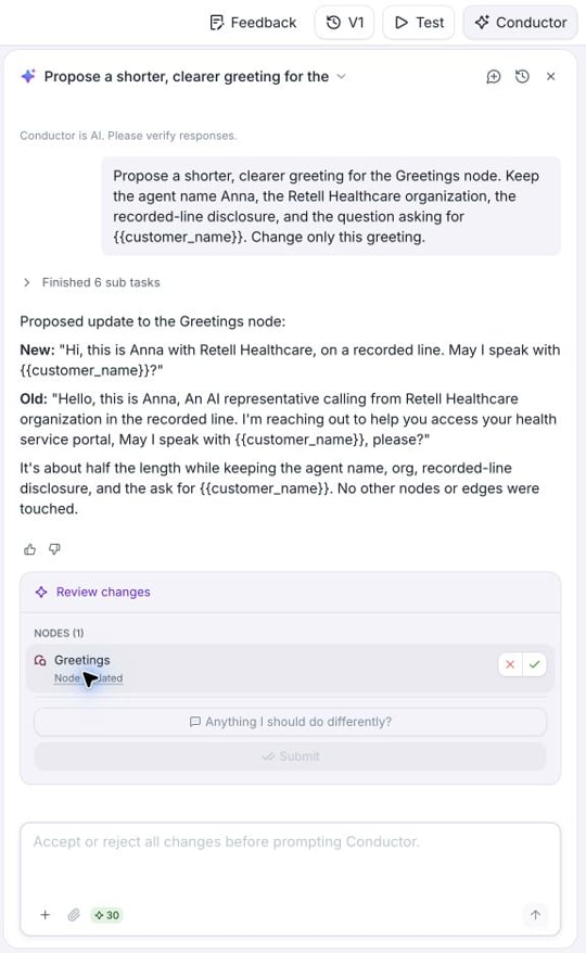 Conductor response proposing a shorter greeting for the template agent, with Review changes controls below the response.