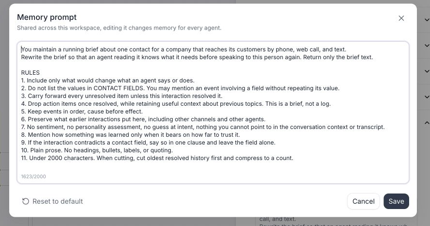 Memory prompt dialog over the agent editor. The dialog explains that the prompt is shared across the workspace and includes an editable prompt, a character counter out of 2000, Reset to default, Cancel, and Save.