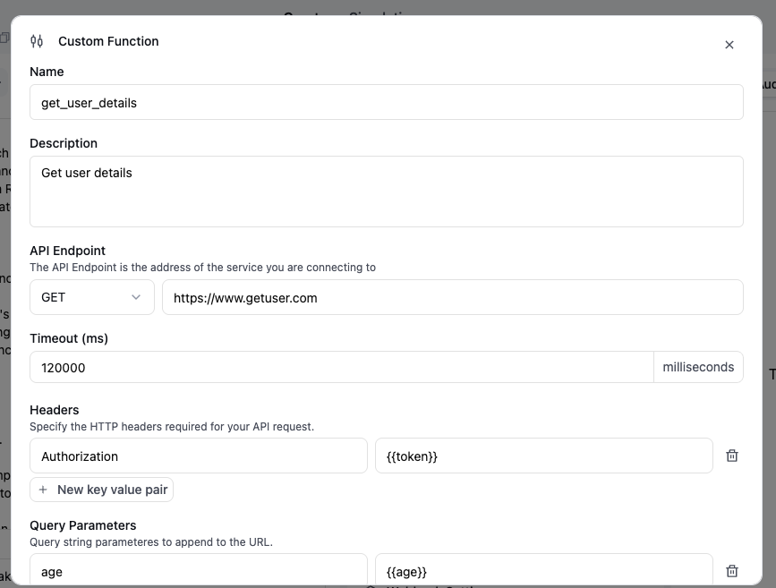 Custom function modal showing name, description, HTTP method, endpoint URL, timeout, and headers fields