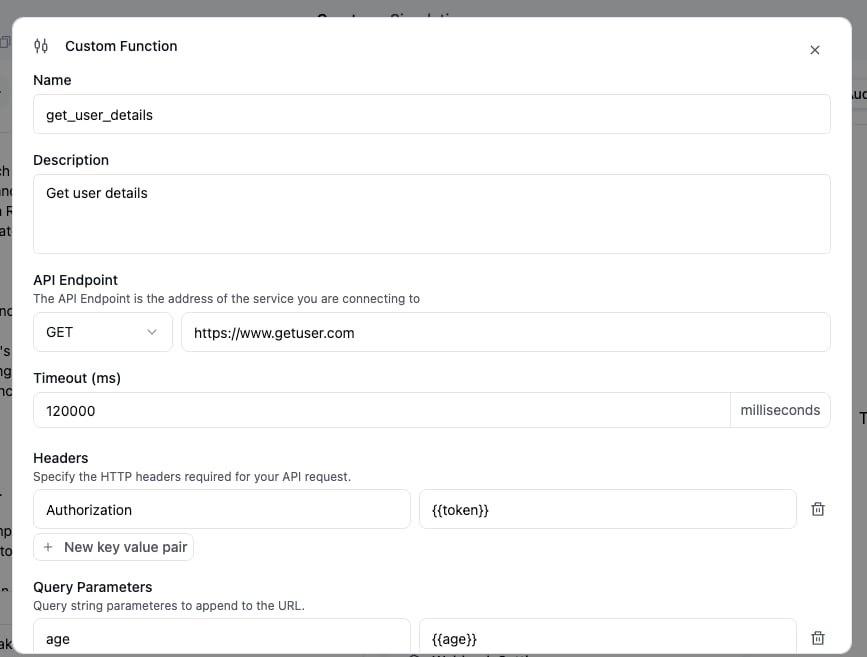 Custom function modal showing name, description, HTTP method, endpoint URL, timeout, and headers fields