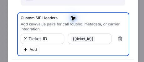 Custom SIP Headers controls with X-Ticket-ID set to the ticket_id dynamic variable.