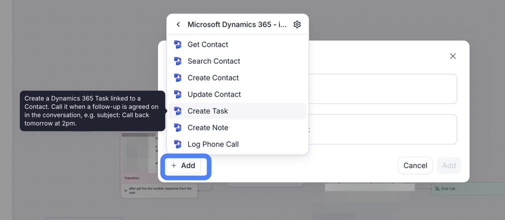 Add-function dialog with the Microsoft Dynamics 365 integration menu open. Create Task is hovered and its description is visible; the Add button is outlined in blue.