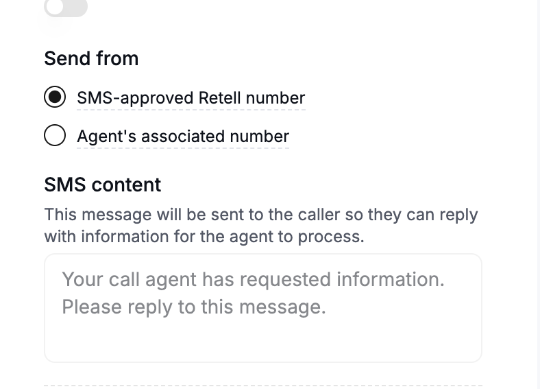 Send from options with SMS-approved Retell number selected and the preset SMS content below.