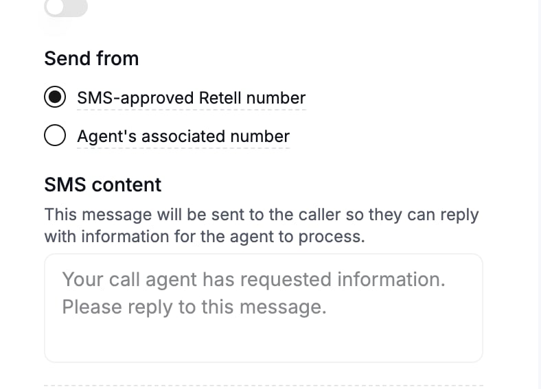 Send from options with SMS-approved Retell number selected and the preset SMS content below.