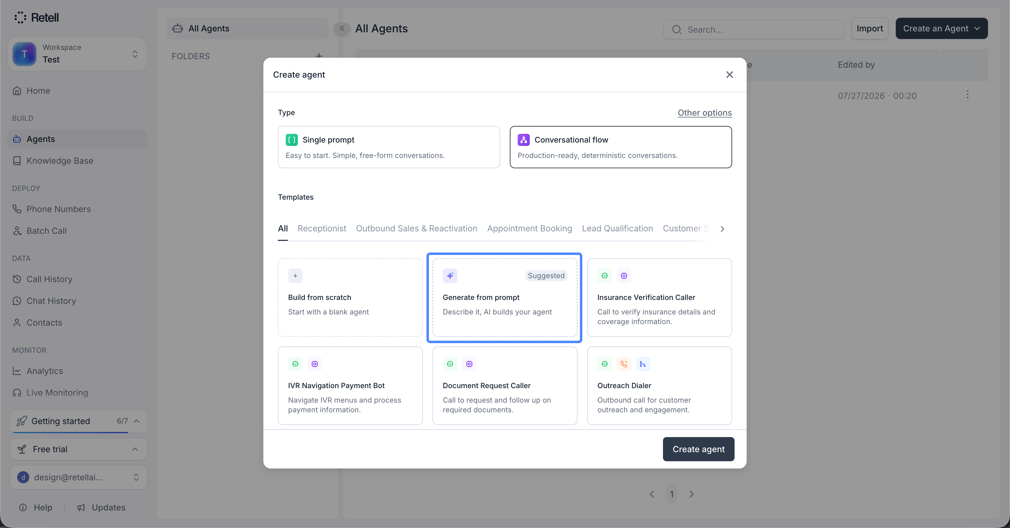 Create agent dialog: pick a Single prompt or Conversational flow type, then choose Build from scratch, the suggested Generate from prompt option, or a ready-made template like Insurance Verification Caller.