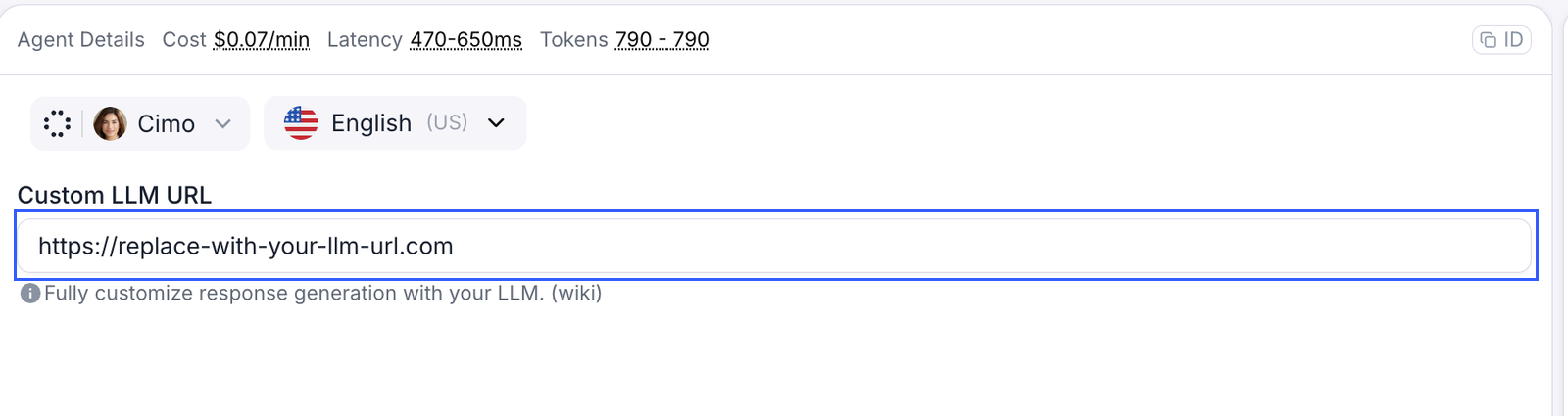 Agent details panel for a Custom LLM agent, with the Custom LLM URL field outlined in blue and holding the default placeholder https://replace-with-your-llm-url.com