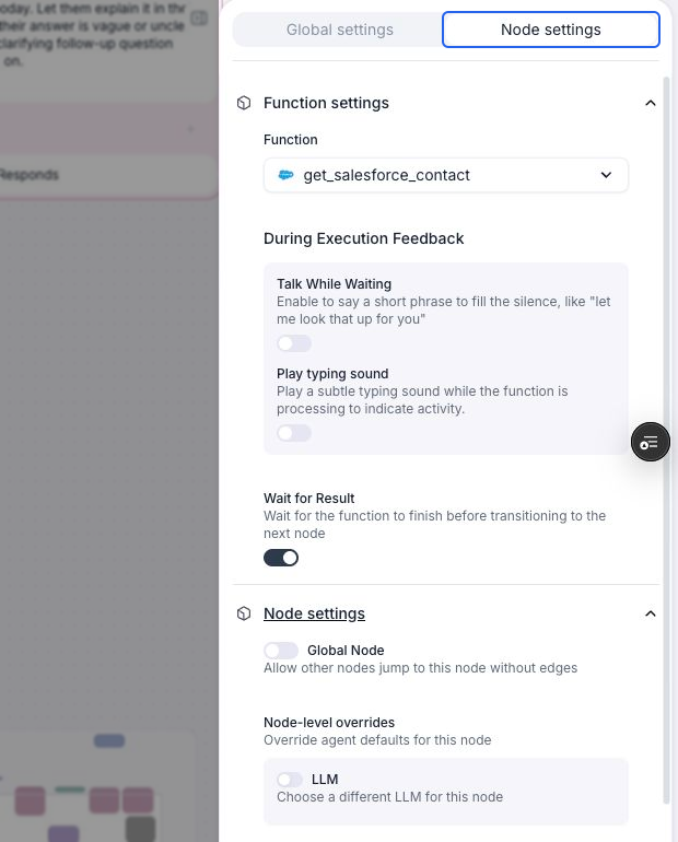 Function settings and Node settings expanded for get_salesforce_contact. Wait for Result is on. Talk While Waiting, Play typing sound, Global Node, and the switch beside LLM are off.