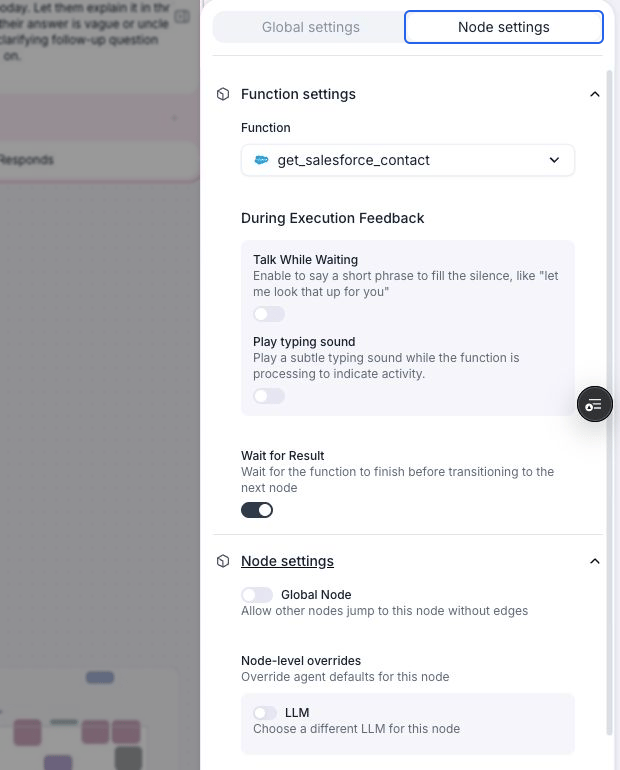 Function settings and Node settings expanded for get_salesforce_contact. Wait for Result is on. Talk While Waiting, Play typing sound, Global Node, and the switch beside LLM are off.