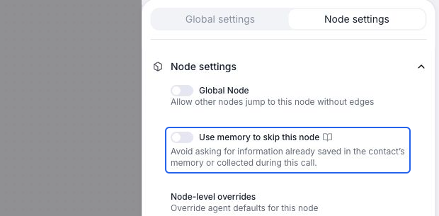 Node settings with the Global Node switch and Use memory to skip this node switch, both off.