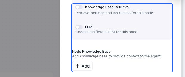 Node knowledge controls highlighted in blue. The switches beside Knowledge Base Retrieval and LLM are off; the separate Node Knowledge Base section has an Add button.