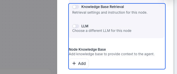 Node knowledge controls highlighted in blue. The switches beside Knowledge Base Retrieval and LLM are off; the separate Node Knowledge Base section has an Add button.