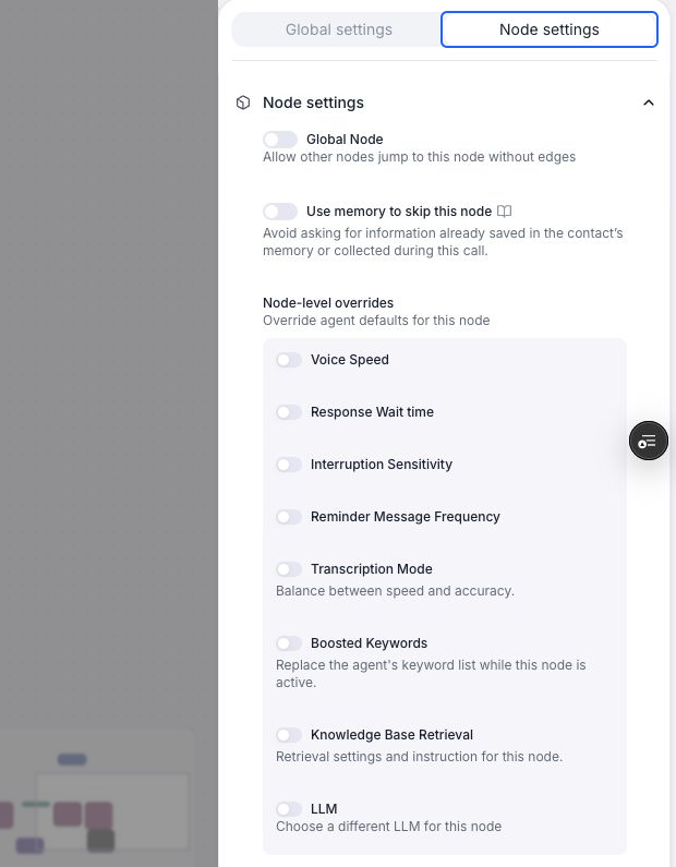 Conversation node settings with memory skipping and node-level overrides off. Switches sit beside each override label, including Transcription Mode and Boosted Keywords.