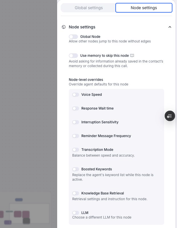Conversation node settings with memory skipping and node-level overrides off. Switches sit beside each override label, including Transcription Mode and Boosted Keywords.