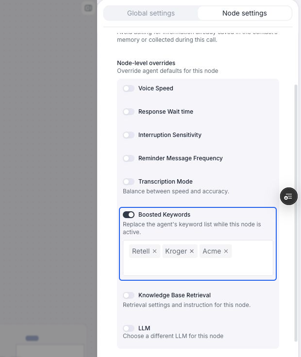 Node settings with Boosted Keywords enabled and highlighted in blue. The editable keyword field contains Retell, Kroger, and Acme, each with a remove control.