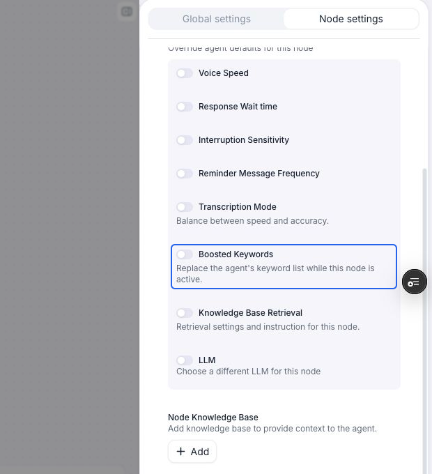 Node settings with the switch beside Boosted Keywords off and the keyword override highlighted in blue. The node inherits the agent's keyword list.