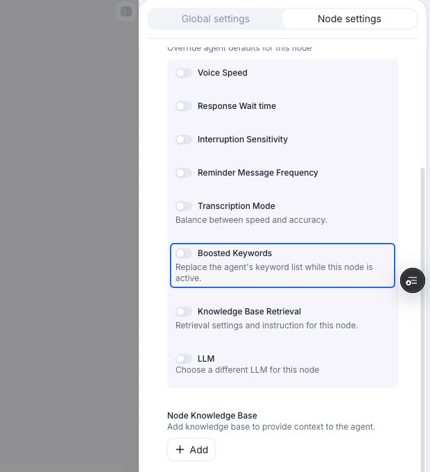 Node settings with the switch beside Boosted Keywords off and the keyword override highlighted in blue. The node inherits the agent's keyword list.