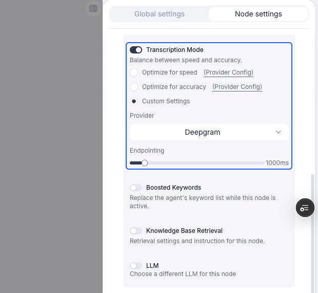 Node transcription override with Custom Settings selected, Deepgram as the provider, and the Endpointing slider set to 1000ms, highlighted in blue.