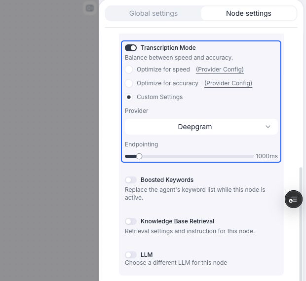 Node transcription override with Custom Settings selected, Deepgram as the provider, and the Endpointing slider set to 1000ms, highlighted in blue.