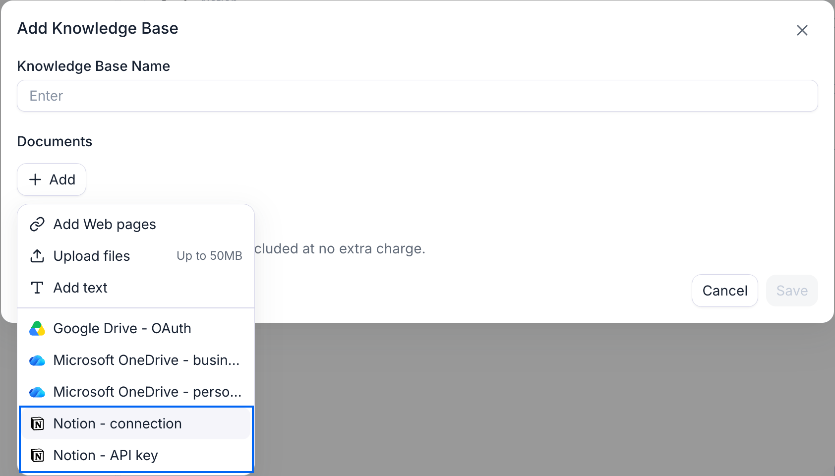 The Add Knowledge Base dialog with a Knowledge Base Name field and a Documents section whose + Add button has opened the source menu. The menu lists Add Web pages, Upload files (Up to 50MB), and Add text, then a divider, then five connected accounts: Google Drive - OAuth, two Microsoft OneDrive connections, and two Notion connections named Notion - connection and Notion - API key, which are ringed in blue. Selecting a Notion account opens the Select pages dialog.