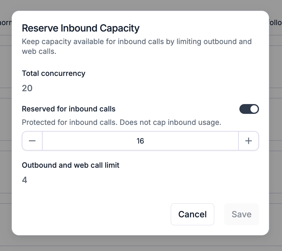 Reserve Inbound Capacity dialog showing the inbound and outbound split