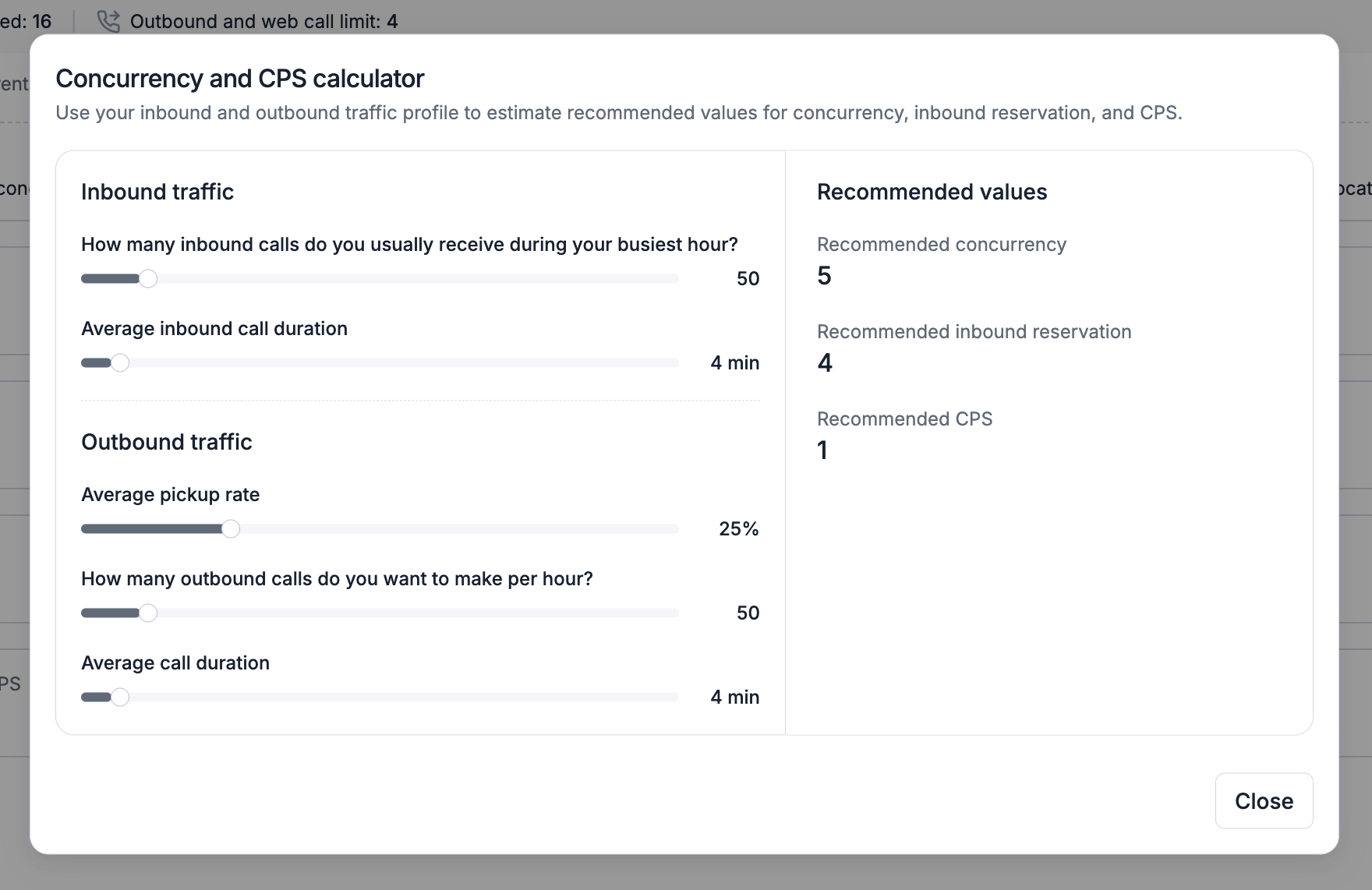 Concurrency and CPS calculator dialog with traffic sliders and recommended values