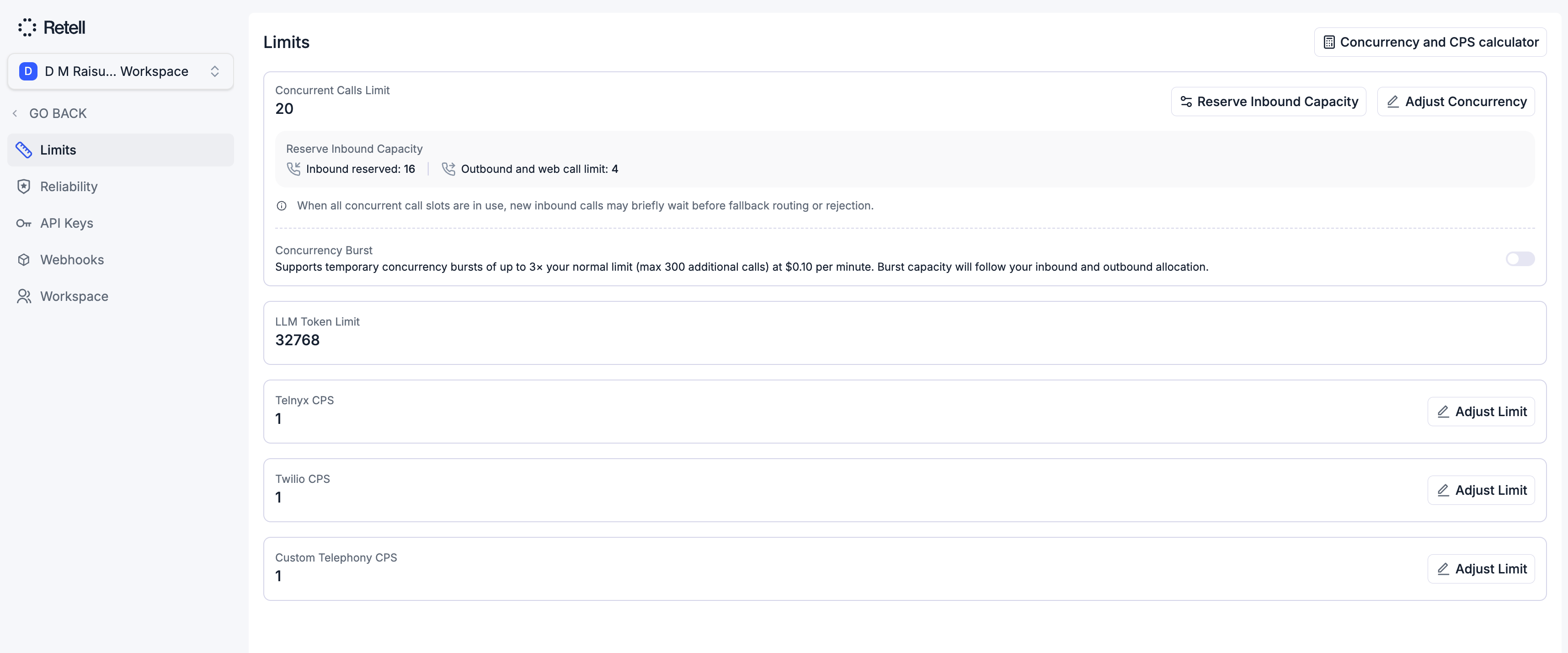 Settings Limits page with the Concurrent Calls Limit card and CPS cards