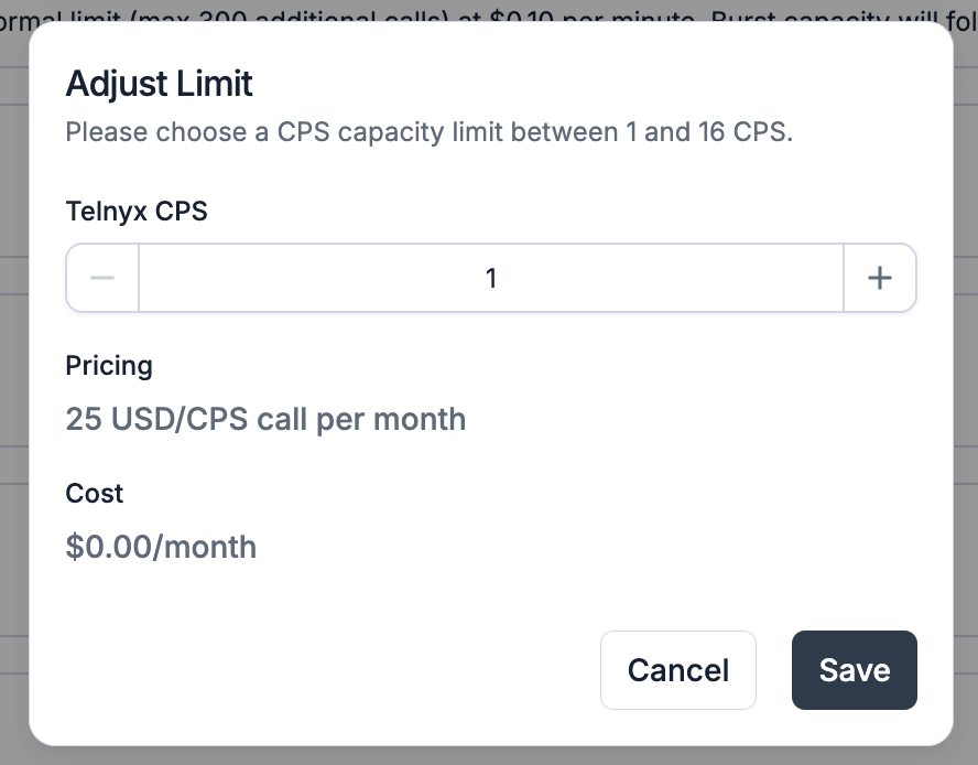Adjust CPS Limit dialog (Telnyx shown; the same dialog is used for each provider)