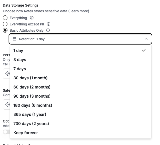 Retention dropdown showing available retention period options