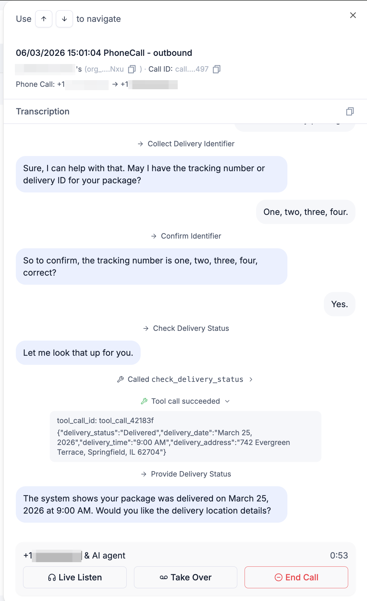 Live call view with the header details, streaming transcript, tool-call and node-transition events, and the Live Listen, Take Over, and End Call actions