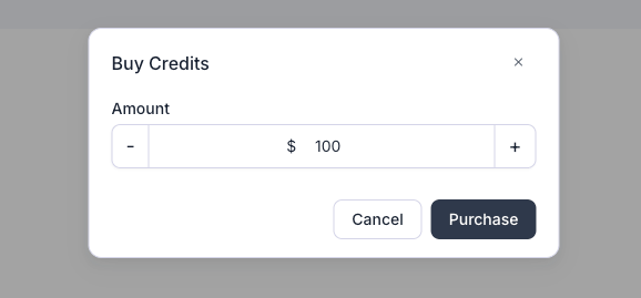 Buy Credits dialog with a dollar amount field set to 100 and Cancel and Purchase buttons