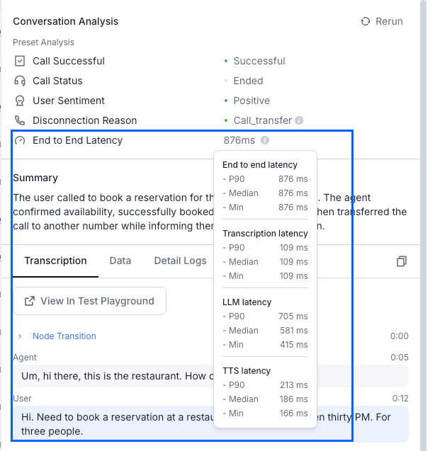 Call history page showing per-call latency metrics