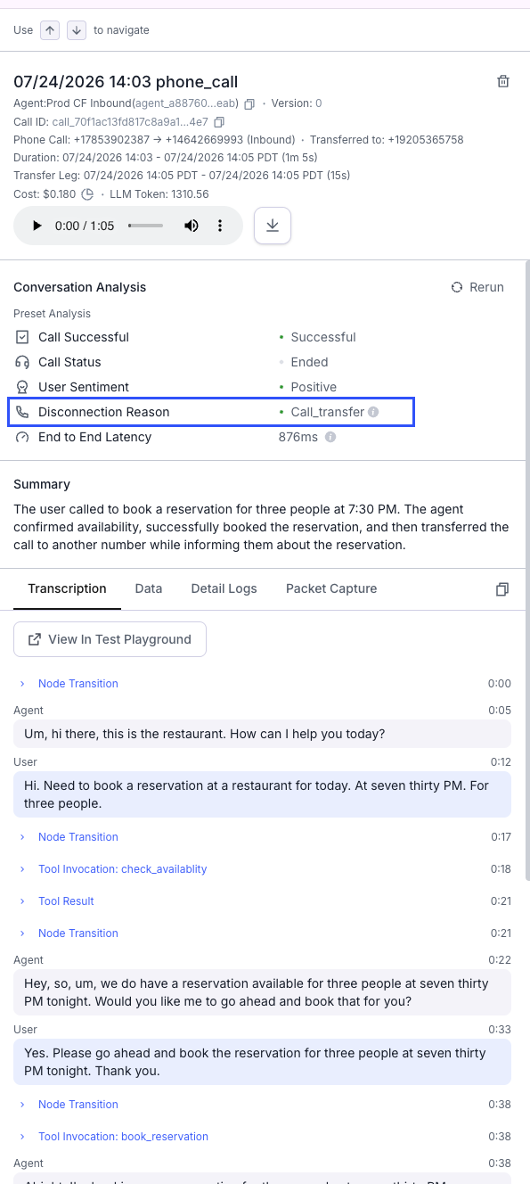 Debug why a Retell call disconnected