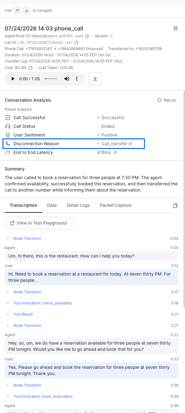 Call detail page in the Retell Dashboard showing the disconnection reason for a call.
