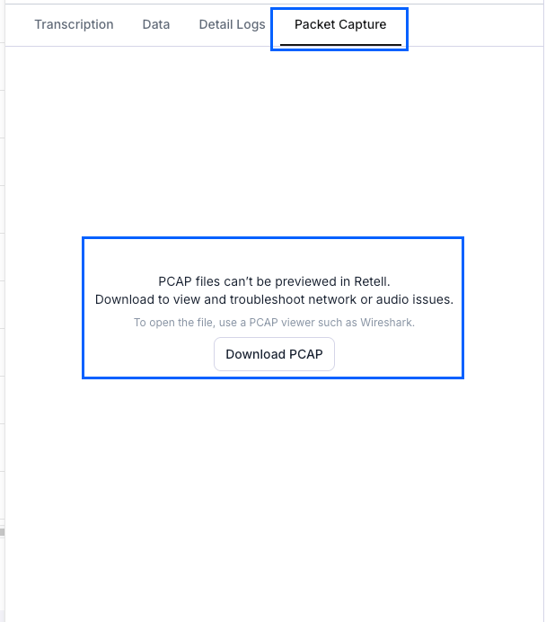 Call log detail with the PCAP file download link for a not_connected call.