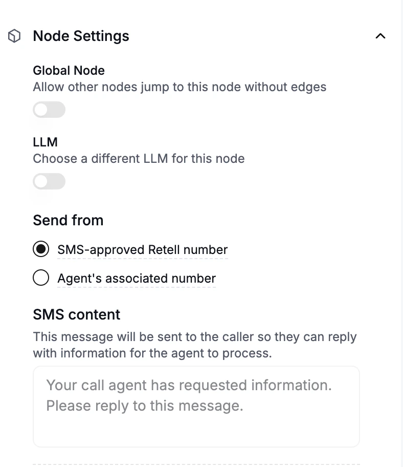 In-Call SMS node showing fixed text content and transition edges