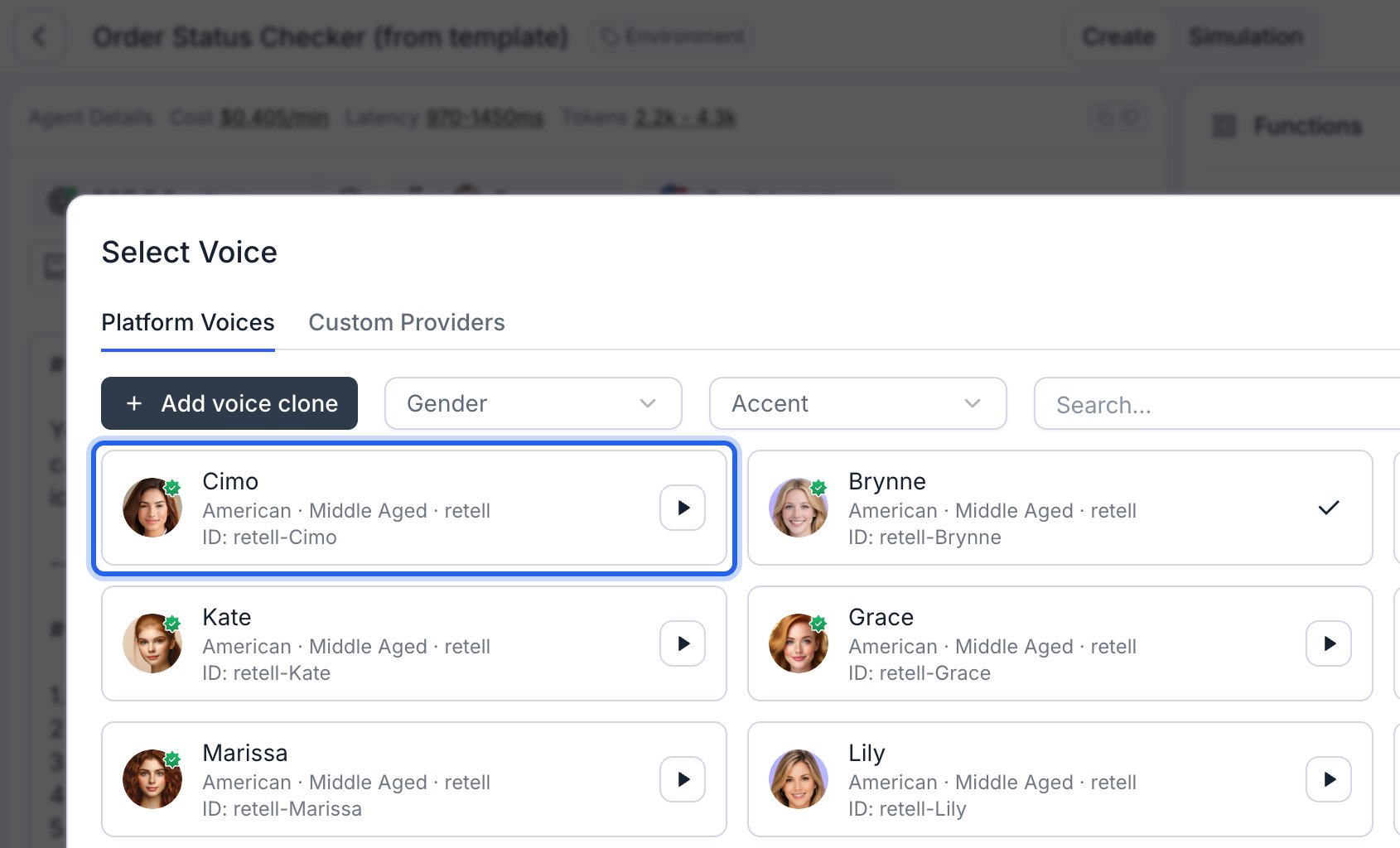 The Select Voice dialog open over a dimmed agent page, on the 'Platform Voices' tab beside a 'Custom Providers' tab. An 'Add voice clone' button sits next to Gender, Accent, and Search filters. Below, a grid of voice cards for Cimo, Brynne, Kate, Grace, Marissa, and Lily each shows an avatar, name, traits such as 'American · Middle Aged · retell', and a voice ID such as 'ID: retell-Cimo'. Each card has a play button, except the currently selected voice, which shows a checkmark. A blue box highlights the first card.