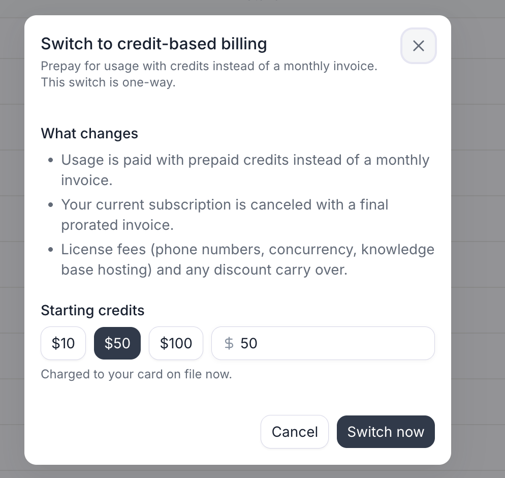 Switch to credit-based billing dialog with $50 selected, options for $10 and $100, a custom amount of $50, and a Switch now button