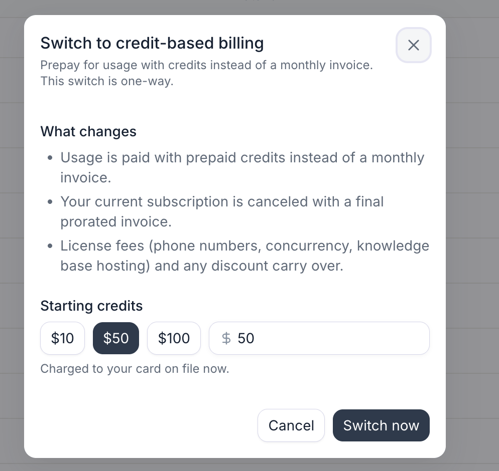 Switch to credit-based billing dialog with $50 selected, options for $10 and $100, a custom amount of $50, and a Switch now button