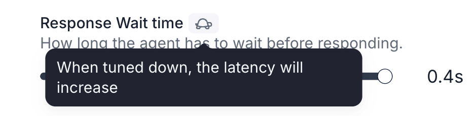 The Response Wait time setting in Speech Settings with a turtle icon beside its label. A tooltip anchored to the icon reads 'When tuned down, the latency will increase', and the slider sits at the far right showing 0.4s.