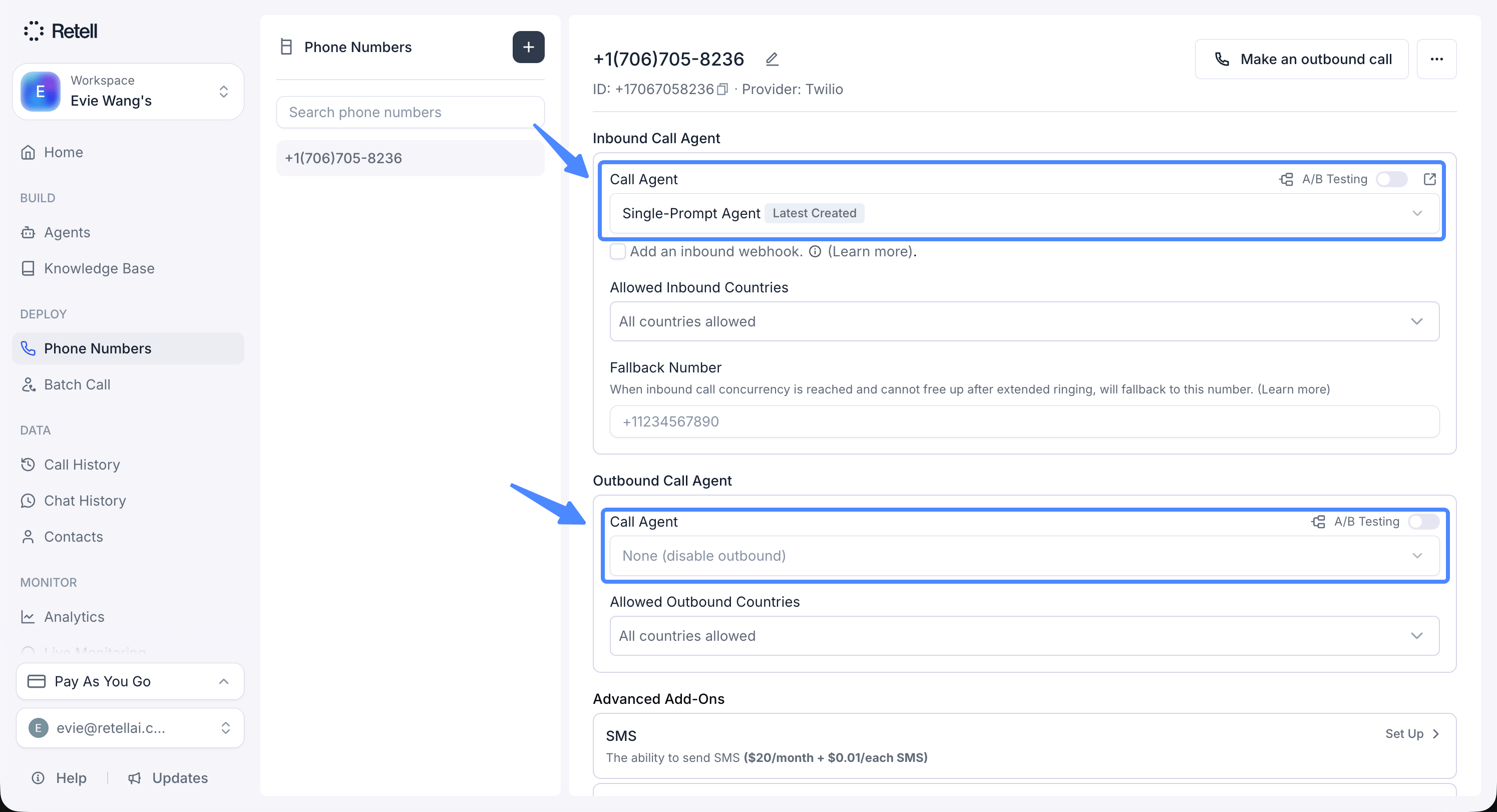 Phone number configuration page with arrows pointing to the Inbound Call Agent and Outbound Call Agent selectors, where you assign agents to handle calls.
