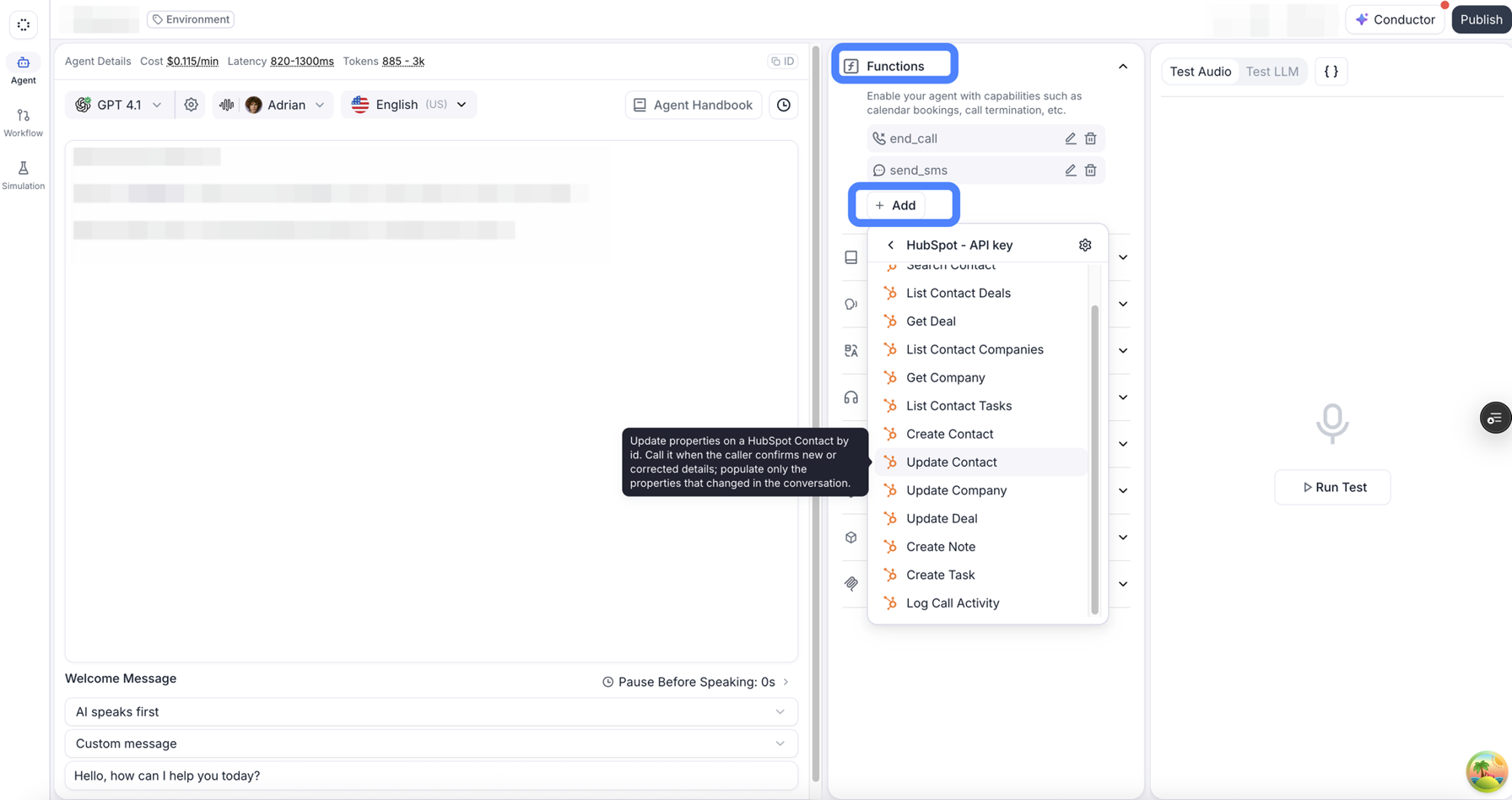 A single prompt agent's editor with the Functions section and its + Add button ringed in blue. The add menu is open on a connection named HubSpot - API key, listing HubSpot tools such as List Contact Deals, Get Deal, Create Contact, and Log Call Activity. Update Contact is hovered, showing its description: update properties on a HubSpot Contact by id when the caller confirms new or corrected details. The agent's prompt is redacted.