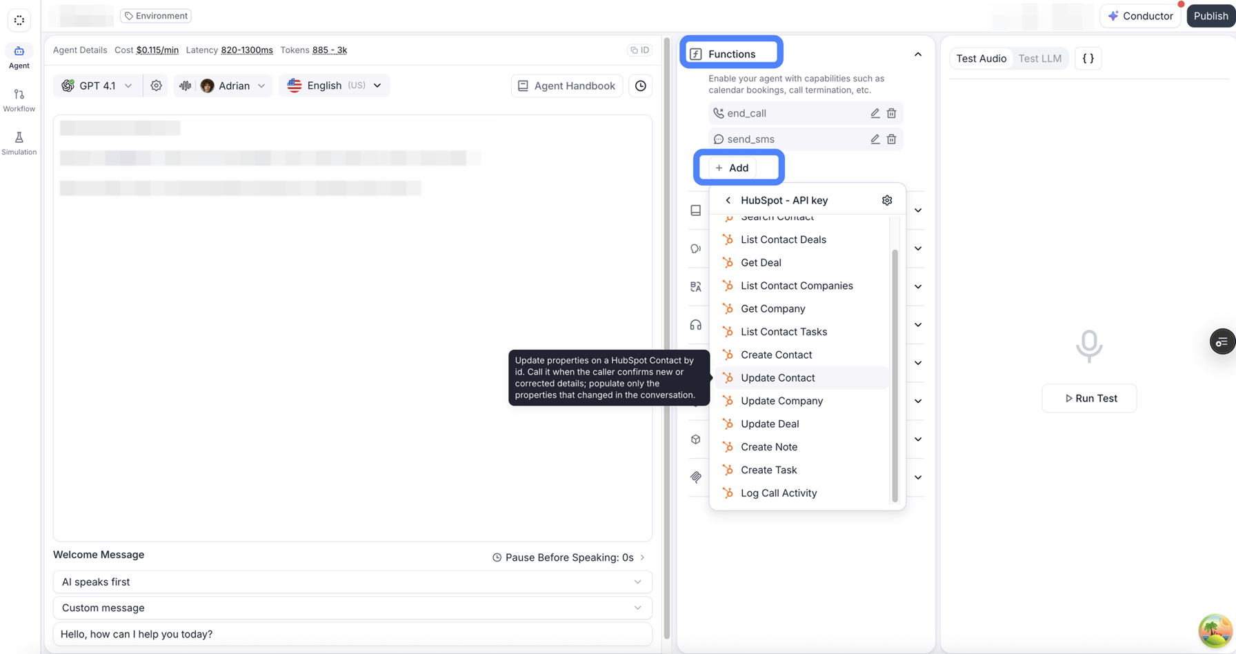 A single prompt agent's editor with the Functions section and its + Add button ringed in blue. The add menu is open on a connection named HubSpot - API key, listing HubSpot tools such as List Contact Deals, Get Deal, Create Contact, and Log Call Activity. Update Contact is hovered, showing its description. The agent's prompt is redacted.