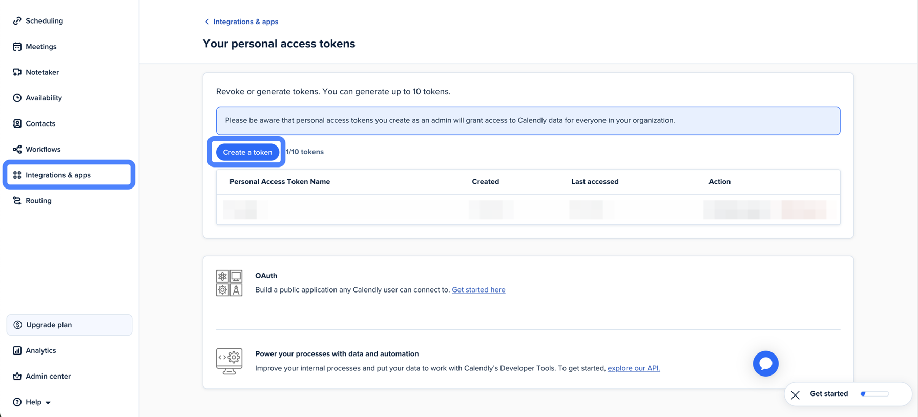 Calendly's Your personal access tokens page, with Integrations & apps highlighted in the left sidebar and the Create a token button highlighted. A banner warns that tokens created by an admin grant access to Calendly data for everyone in the organization, and a token list shows one redacted entry, out of a 10-token limit.