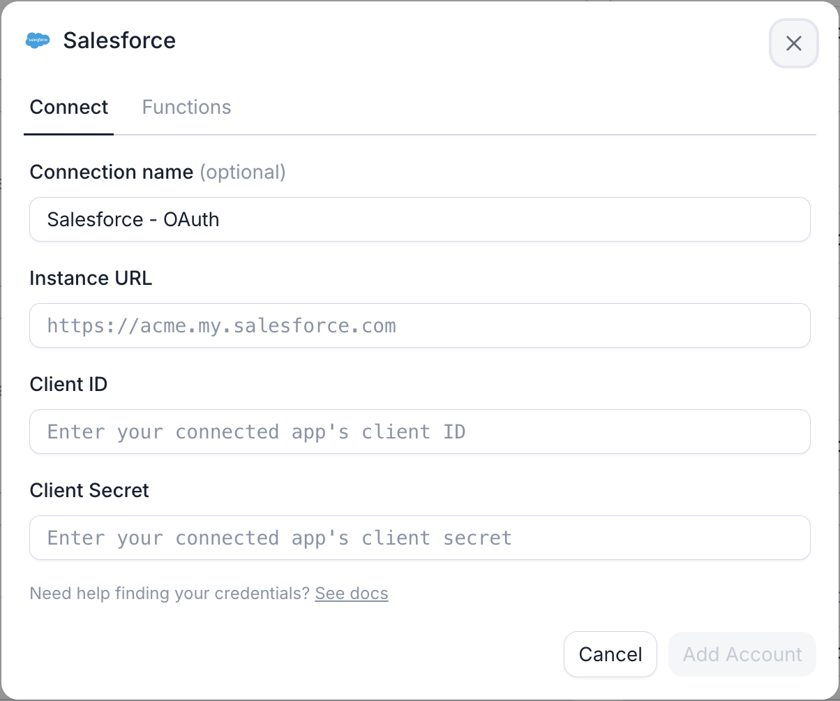 Retell's Salesforce connection dialog on its Connect tab, with a Functions tab beside it. It has a Connection name field prefilled with Salesforce - OAuth, an Instance URL field with the placeholder https://acme.my.salesforce.com, and Client ID and Client Secret fields with placeholders for the connected app's credentials, above a Need help finding your credentials link and Cancel and Add Account buttons.