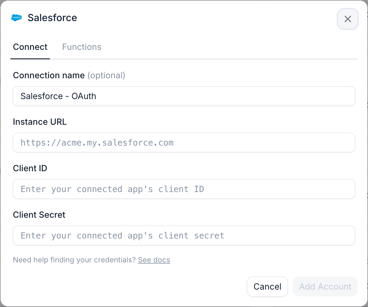 Retell's Salesforce connection dialog on its Connect tab, with a Functions tab beside it. It has a Connection name field prefilled with Salesforce - OAuth, an Instance URL field with the placeholder https://acme.my.salesforce.com, and Client ID and Client Secret fields with placeholders for the connected app's credentials, above a Need help finding your credentials link and Cancel and Add Account buttons.