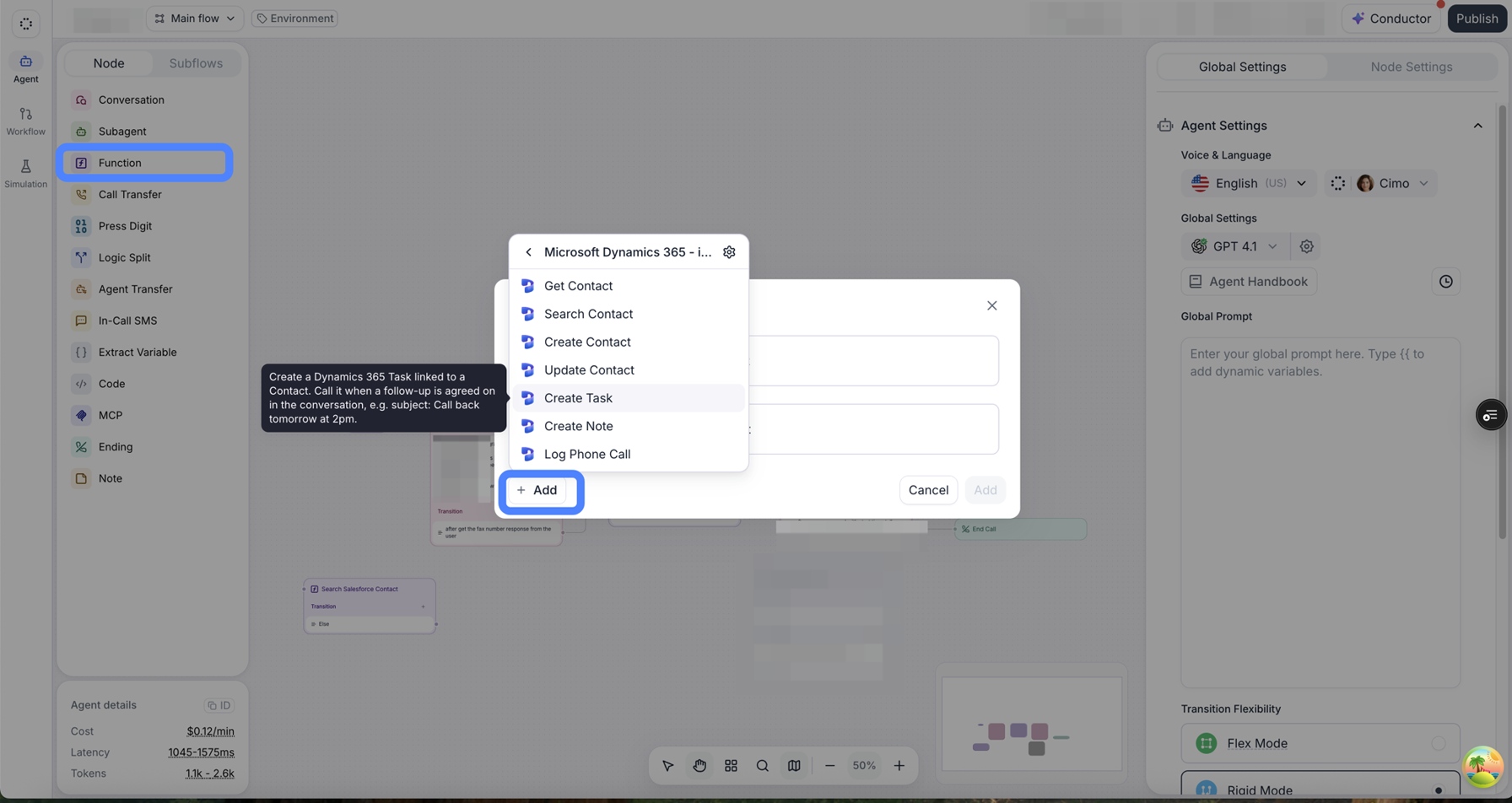 A conversation flow editor with the Function node type ringed in blue in the node palette. The add-function dialog is open on a Microsoft Dynamics 365 connection, listing its tools: Get Contact, Search Contact, Create Contact, Update Contact, Create Task, Create Note, and Log Phone Call. Create Task is hovered, showing its description about creating a Dynamics 365 Task when a follow-up is agreed on. The Add button below the list is also ringed, and a Search Salesforce Contact function node sits on the canvas behind the dialog.