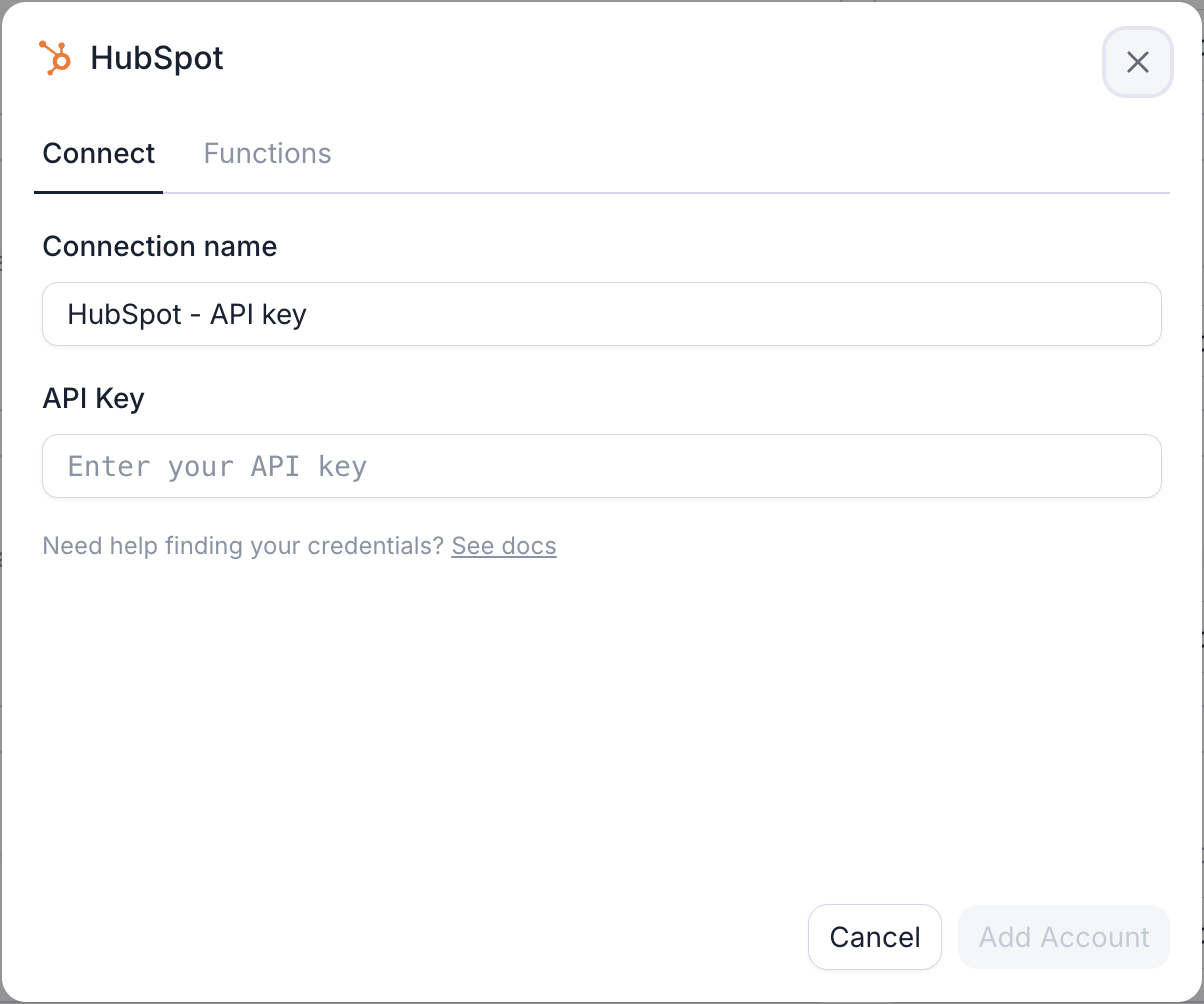 Retell's HubSpot connection dialog on its Connect tab, with a Functions tab beside it. It has a Connection name field prefilled with HubSpot - API key and an API Key field with the placeholder Enter your API key, above a Need help finding your credentials link and Cancel and Add Account buttons.