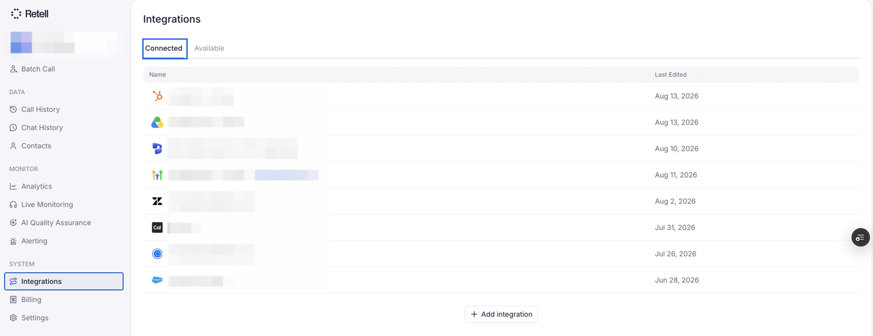 The Retell Dashboard's Integrations page with the Connected tab selected and ringed in blue. A table lists eight connections with provider icons for HubSpot, Google Drive, Microsoft Dynamics 365, GoHighLevel, Zendesk, Cal.com, Calendly, and Salesforce, with connection names redacted and Last Edited dates visible. One connection carries the blue Contacts sync on tag, and an Add integration button sits below the table.